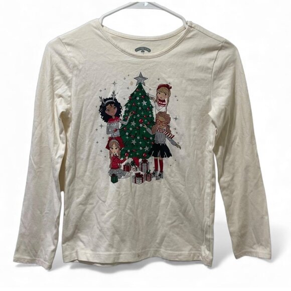 Girls Ivory Long-Sleeve Christmas Graphic Tee With Festive Holiday Tree - Picture 1 of 10